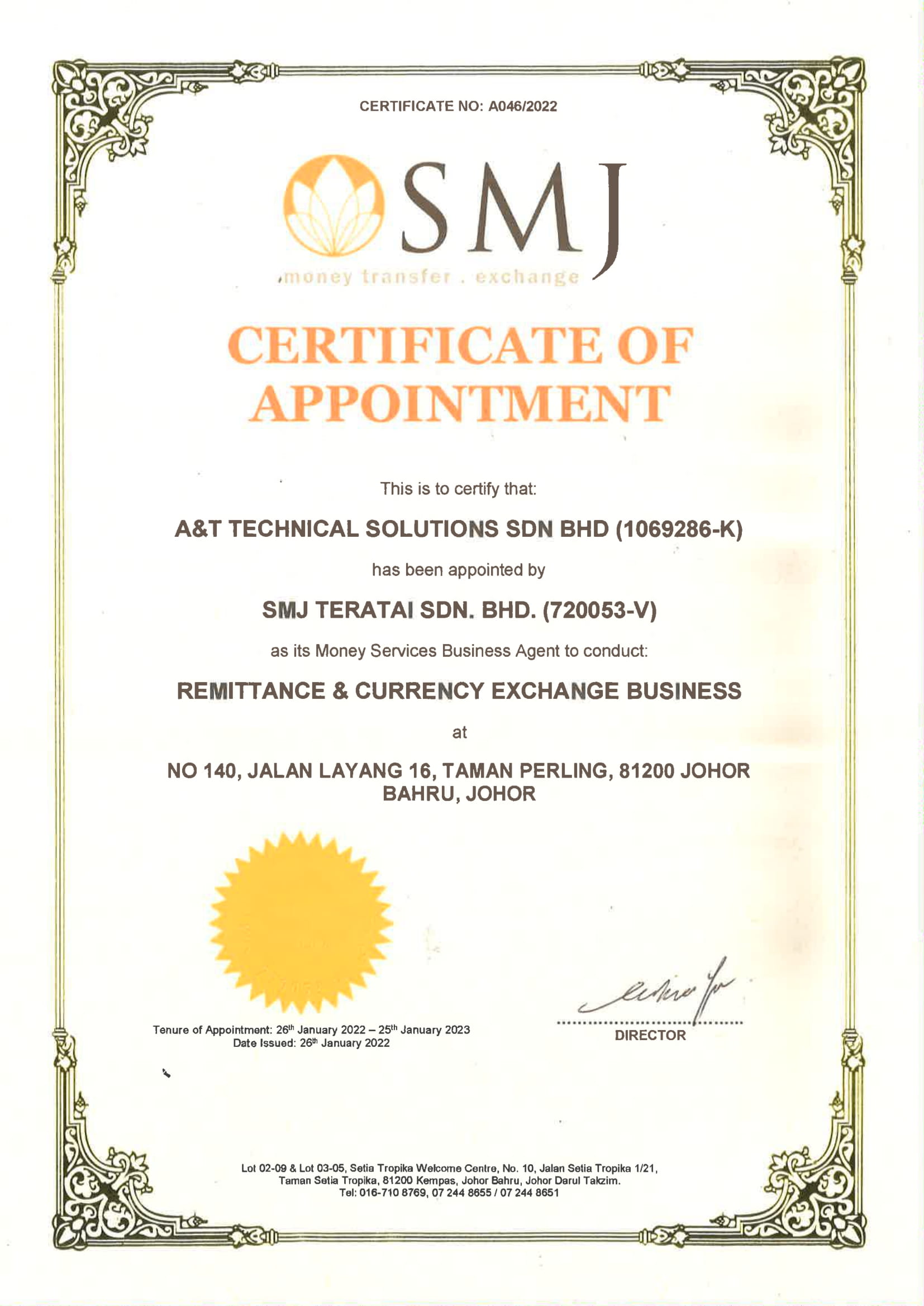 Certificate of SMJ Appointment